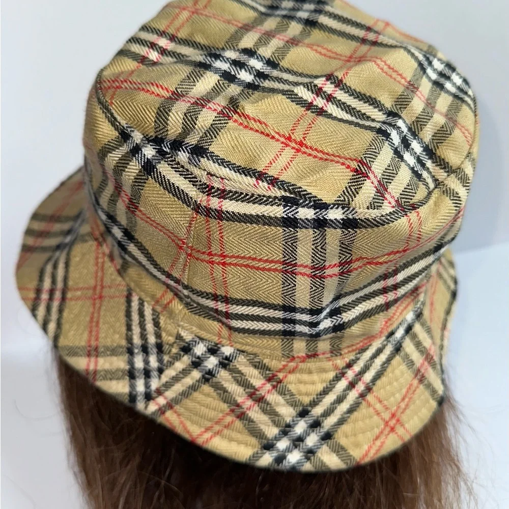 Burberry Beige Plaid Bucket Hat with Black & Red Accents